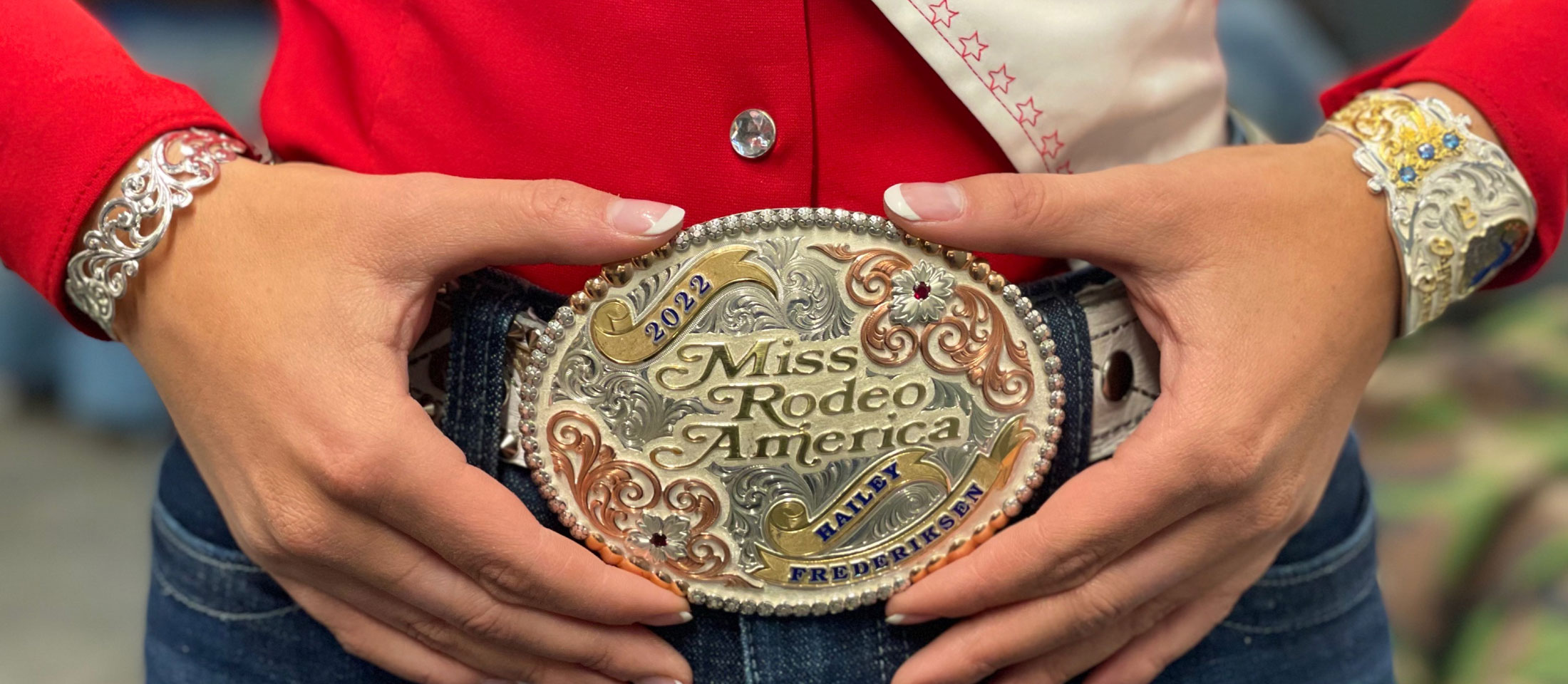 Close up photo of Miss Rodeo America belt buckle.